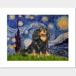 Famous Starry Night Adaptation with a Black and Tan Cavalier King Charles Spaniel Posters and Art